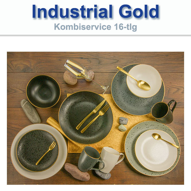 CreaTable INDUSTRIAL GOLD Geschirrset Kombiservice Tafelservice 16 Tlg ...