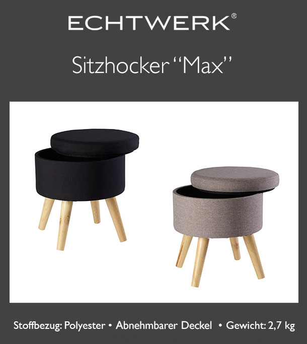 Tessuto Grau 32 x 32 x 39 cm Echtwerk Max Sitzhocker mit Holzfüßen-Grey Sgabello 